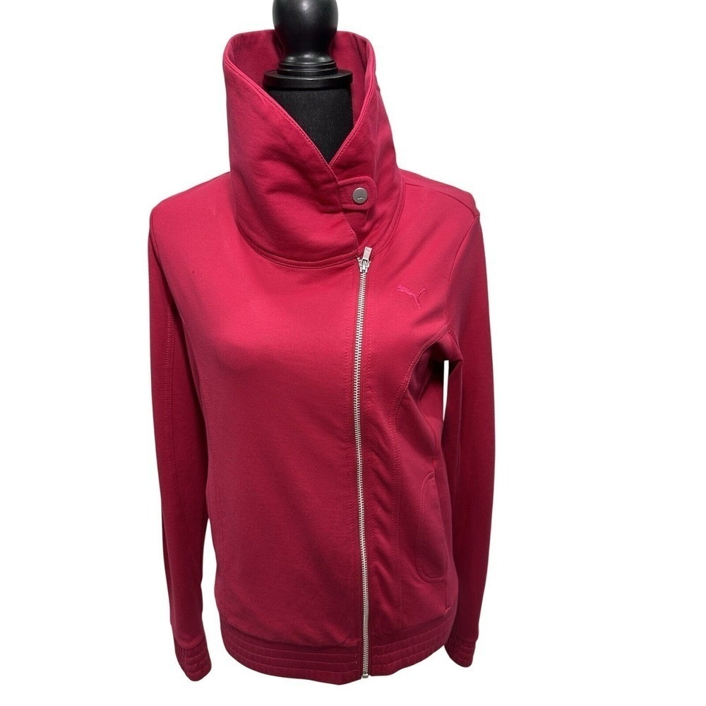 Puma Sweater Women's  Medium Fuchsia Polo Neck Zip Up Long Sleeves Pockets NWT